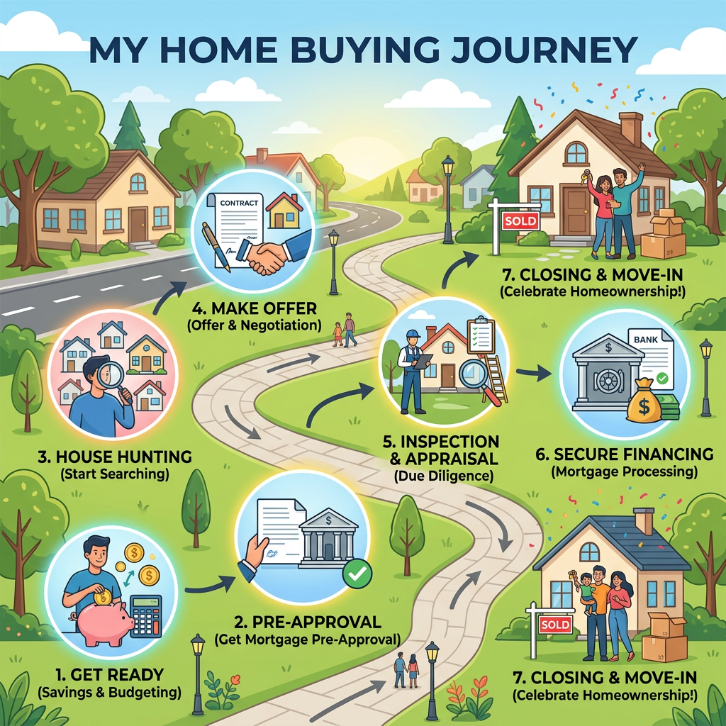 Illustrated roadmap showing seven steps of home buying: budgeting, pre-approval, house hunting, making an offer, inspection, securing financing, and closing with move-in celebration.