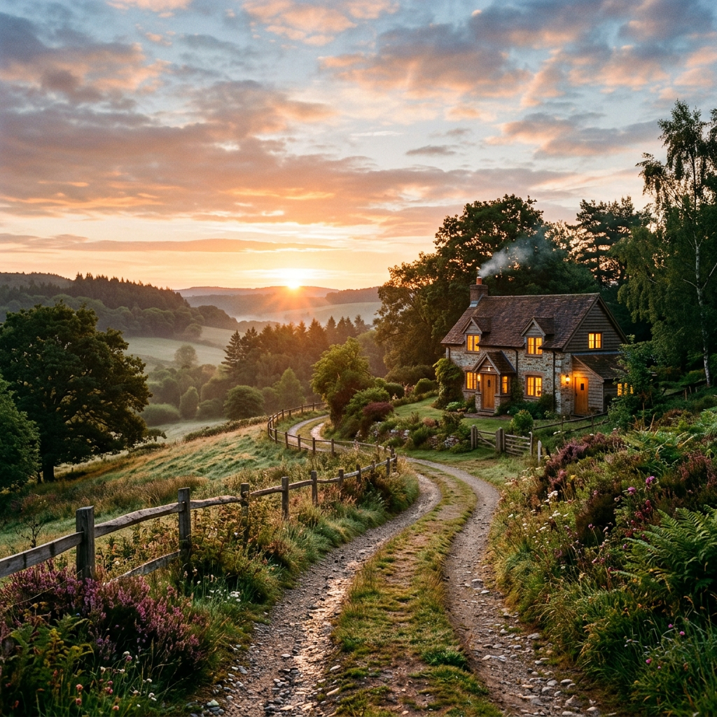Stone cottage with glowing windows and smoke from chimney at sunset