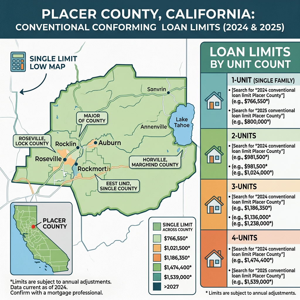 Map of Placer County California with conventional loan limits for 1-4 units in 2024 and 2025